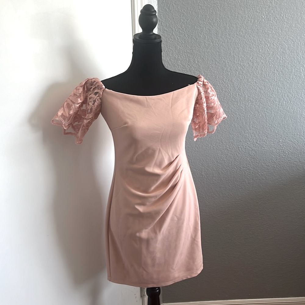Light rose dress, fitting, off the shoulder. Size 6.